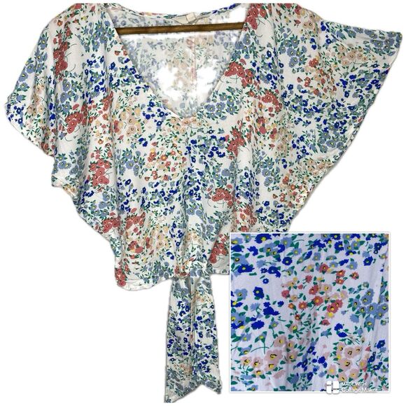 Sim & Sam Blouse Cropped Tie Front V Neck Batwing Sleeves Womens Sz XS Floral - Picture 1 of 9